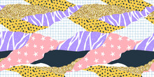 Abstract Children Paper Scrapbook Seamless Pattern. Fun Retro Background Illustration. Pink Girl Wallpaper Design With Gold Glitter.
