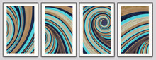 A Quartet Of Artistic Vector Images With Abstract Waves And Nautilus Shell Coils And Swirls In A Gallery Layout. This Artwork Is In A Palette Of Blues And Tans, And Has A Paper Marbling Quality.