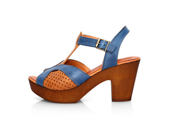 Wall Mural - Female blue and brown leather sandal on white background, isolated product.