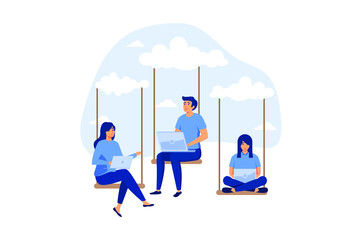 Cloud computing, remote work on company cloud infrastructure, technology to connect people concept, people businessman and woman office employees working with computer laptop on swing suspend on cloud