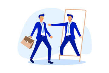 Self esteem or self care, believe in yourself improving confident, respect in your strong attitude concept, frustrated businessman looking at mirror with his shadow encourage his confidence.