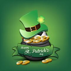 Happy St. Patricks day. Soccer ball in leprechaun hat in pot with gold coins. Pattern design for logo, banner, poster, greeting card, party invitation. Vector illustration on isolated background