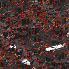 Beautiful seamless abstraction with lots of gray rectangular elements and red glow. A futuristic city with a bright sun and red lighting. 3D image.
