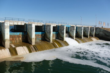  Aralsk, Kazakhstan - 10.06.2020 : The territory of the Kokaral dam. Regulation of the water level in the small Aral Sea.