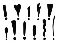Hand Drawn Exclamation Marks. Doodle Exclamation Point. Punctuation Marks. Black Vector Illustration On White Background.