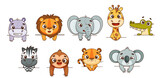 Fototapeta Pokój dzieciecy - Set kids tropical animals look out from above. Hippo, lion, elephant, giraffe, crocodile, zebra, sloth, tiger, koala. Vector illustration for designs, prints, patterns. Isolated on white background