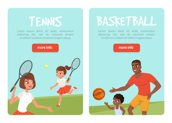 Sticker - Landing Page with Happy Family Doing Sport Activity Together Vector Template