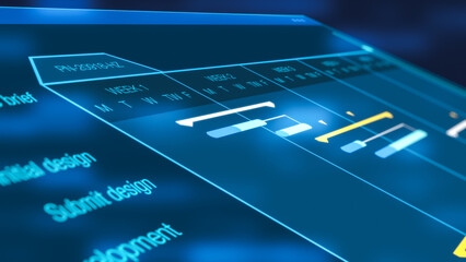 project management software, futuristic interface, gantt chart, concept of project planning, flashing lights on backgrounds (3d render)