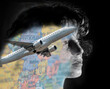 Double exposure girl dreams of traveling by plane