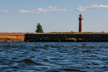 View From The Water Of The Kronshlot Fort, The Lower Sash Lighthouse On The Island, The Waters Of The Gulf Of Finland, The Fairway Of Kronstadt.