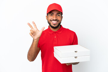 Poster - pizza delivery man picking up pizza boxes isolated on white background happy and counting three with fingers