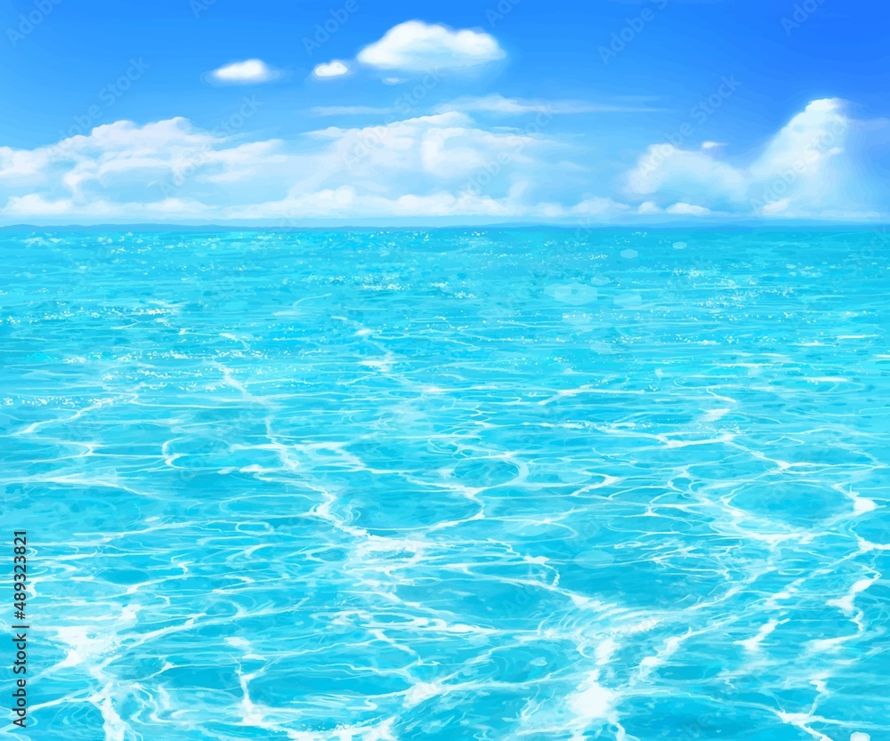 夏の爽やかな雲のある青い空と海のゆらめく波の美しいフレームイラスト