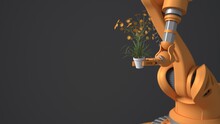 An Orange Robot Holds A Pot With A Flower. Blurry Gray Background. The Concept Of The Future Protection Of The Green Planet. Nature Conservation