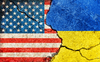 Wall Mural - USA vs Ukraine  (War crisis , Political  conflict). Grunge country flag illustration (cracked concrete background)