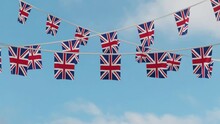Union Jack (United Kingdom) Flag Bunting Moving In The Wind. 