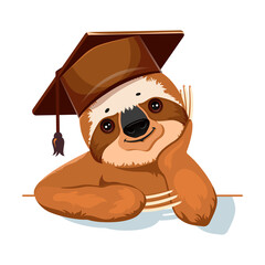 Sloth - college student, university graduate in graduation cap and celebration gown. Vector illustration.