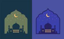 Mosque Vector Silhouette In Ramadan Kareem With Sky And Moon