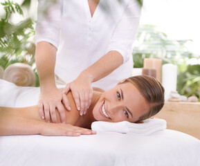 Canvas Print - This is perfect relaxation. A young woman on a massage table in a spa.