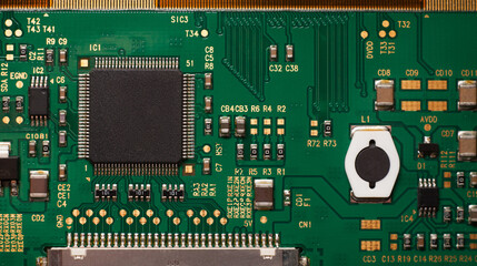 Canvas Print - Macro photo of a green computer printed circuit board with selective focus on an blank chip