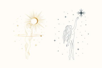 Celestial women line art vector set. Beautiful goddesses against the backdrop of the starry sky, the moon and the sun. Magical illustrations for greeting cards, posters and tattoos.