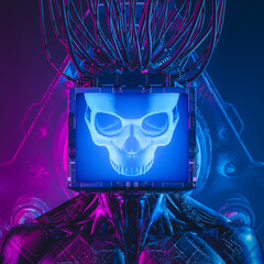 Wall Mural - artificial intelligence monitor head skull - 3d illustration of science fiction robot with glowing c