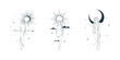 © Kirill - Celestial goddesses against the backdrop of the starry sky, the sun, clouds and the moon. Set of women line art vector illustrations in boho style for  card, tattoo and posters.
