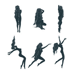 Graceful long-haired naked female   silhouettes in different poses. Collection of women line art style vector illustration. Boho linear drawing for femininity poster, card, tattoo or fashion print.