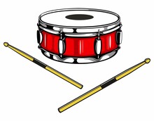 Snare Drum With The Two Drum Sticks, Isolated On White Background.