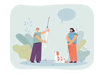 Poster - Girl with dog visiting veterinarian flat vector illustration. Veterinary physician getting ready to inject puppy. Pet, health care, love concept for banner, website design or landing web page