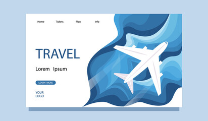 The template of the landing page of the user interface, website.Illustrations with a flying airliner in the sky with clouds, passenger plane, tourism concept, sale of air tickets .