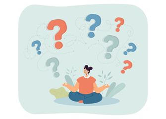 Canvas Print - girl sitting in lotus pose with question marks under her. peaceful woman keeping calm in difficult s