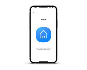 Poster - 3d isolated vector elements. Minimal modern home, homepage, base, mainpage icon emblem symbol with ultra realistic smartphone. 3d blue home icon. Mobile app icons. Device UI UX mockup.