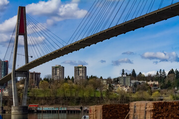 Wall Mural - Sky suspension bridge spanning over river with green community buildings trees lumber blue sky clo