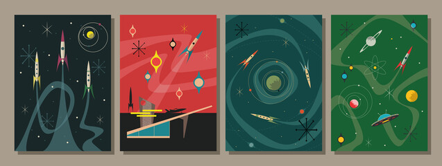 Wall Mural - mid century modern space posters, retro futurism style illustrations, atomic age aesthetics