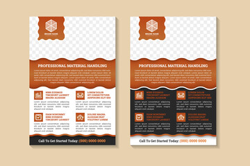 professional material handling abstract geometric flyer template design use vertical layout combined with brown gradient and white elements. black background with space for photo collage and text