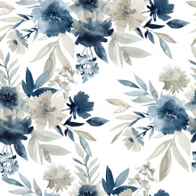 Watercolor Pattern With Indigo Flowers.