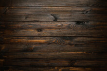 Dark Stained Wooden Table Background, Rustic Wood Planks  Texture Top View.