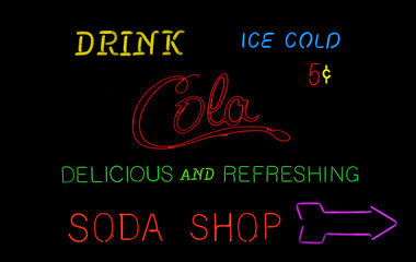 Composition of vintage neon signs and text