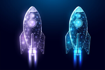 Wireframe polygonal rockets. Internet technology network, business startup concept with glowing low poly rockets. Futuristic modern abstract. Isolated on dark blue background. Vector illustration