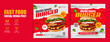 Healthy fast food menu or burger social media marketing banner post. Restaurant pizza & hamburger online sale promotion web flyer or poster with logo, business icon & abstract digital background.