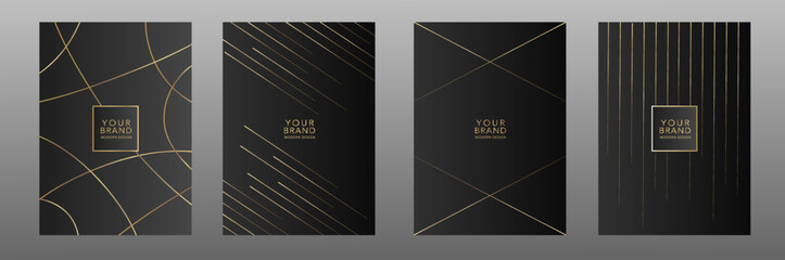 Contemporary black cover design set. Luxury dynamic gold circle line pattern. Creative premium stripe vector background for catalog, brochure template, notebook, invitation, business card, menu