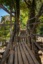 Traditional Bamboo Bridge For Crossing River At Forest At Morning From Low Angle