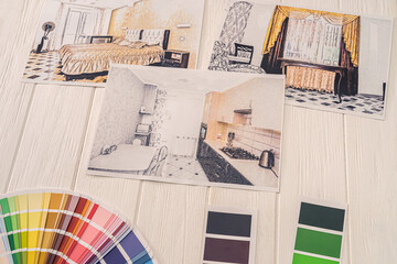 Wall Mural - Architectural color floor plan with color swatches on desk