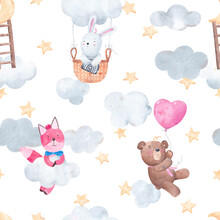 Seamless Pattern With Bunny, Teddy Bear, Fox, Clouds And Stars. Watercolor Hand Drawn Illustration. With White Isolated Background