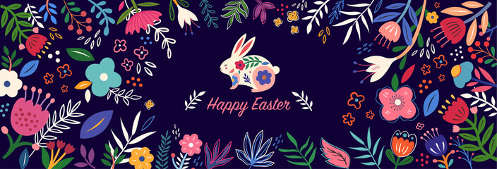 Wall Mural - Colorful floral illustration with rabbit. Happy easter greeting card with decorative easter bunny	
