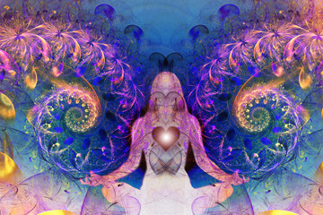 Wall Mural - Silhouette of a girl in Lotus position on the background of the universe. A state of trance and deep meditation. A spiritual journey in the universe.