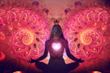 Wall Mural - Silhouette of a girl in Lotus position on the background of the universe. A state of trance and deep meditation. A spiritual journey in the universe.