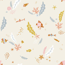 Fish Seaweed Coral Shell In The Ocean Vector Seamless Pattern. Whimsy Underwater World Background. Scandinavian Decorative Childish Design For Nautical Nursery, Navy Kids Fabric.