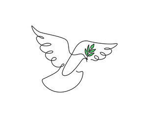 One continuous line drawing of dove of peace flying with green olive branch. Bird symbol of peace and freedom in simple linear style. Pigeon icon. Doodle vector illustration