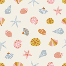 Sea Shell Conch Starfish Vector Seamless Pattern. Abstract Cockleshells Marine Life Background. Scandinavian Decorative Childish Surface Design For Nautical Nursery Navy Kids Fabric.